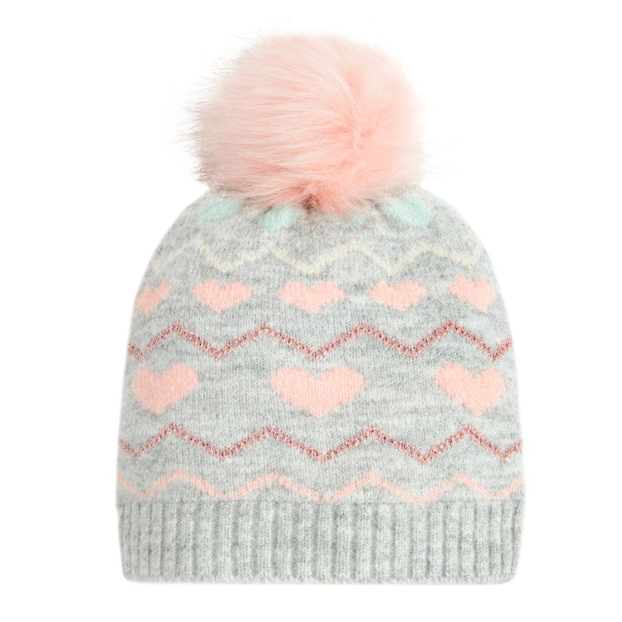 Grey cap with pink pom pom and hearts print