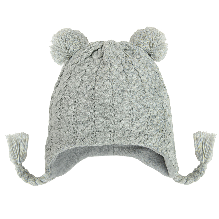 Grey cap with two pom poms