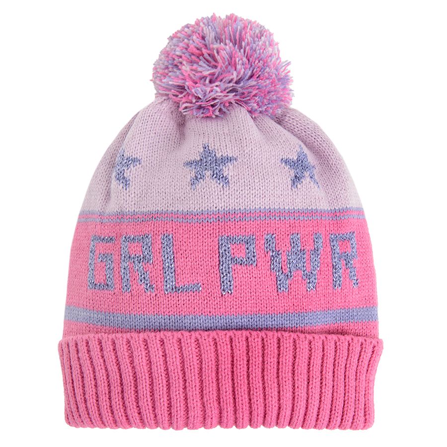 Σκούφος ροζ με στάμπα GRL PWR και pom pom