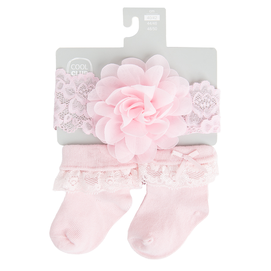 Pink baby socks with lace and matching grey headband with pink bow- 2 pieces