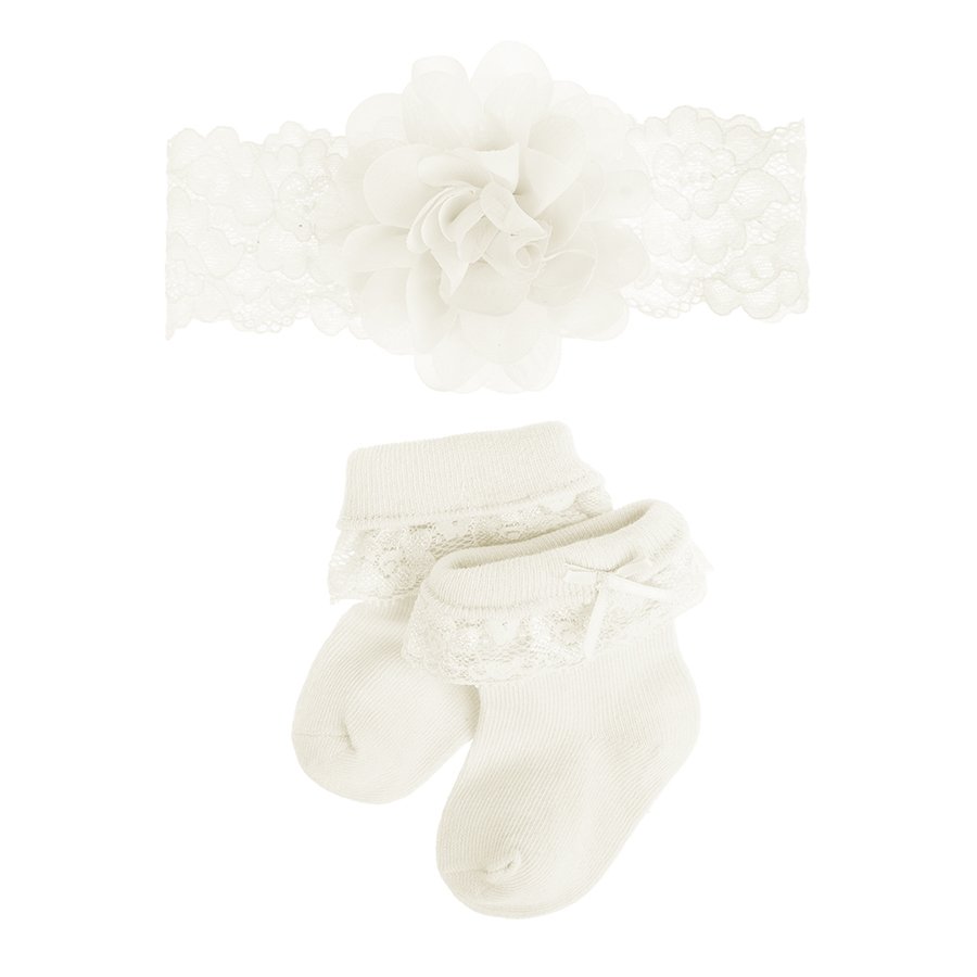 Ecru baby socks with lace and matching grey headband with pink bow- 2 pieces