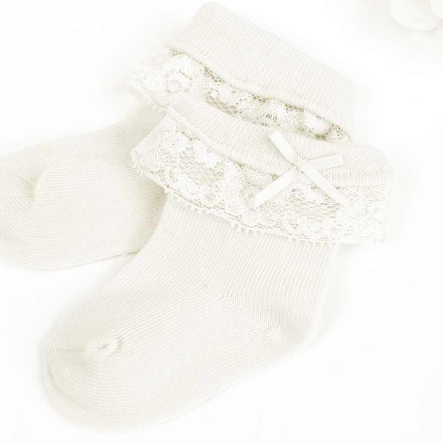 Ecru baby socks with lace and matching grey headband with pink bow- 2 pieces