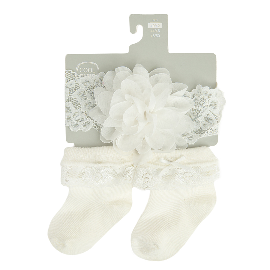 Ecru baby socks with lace and matching grey headband with pink bow- 2 pieces