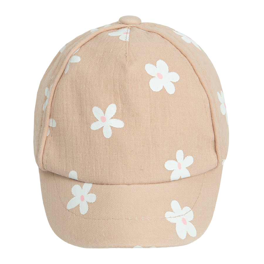 Ligh pink jockey hat with daisies print and bow on the back