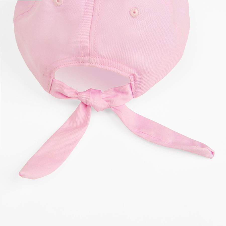 Pink jockey hat with kitten with sunglasses print and knot on the back side