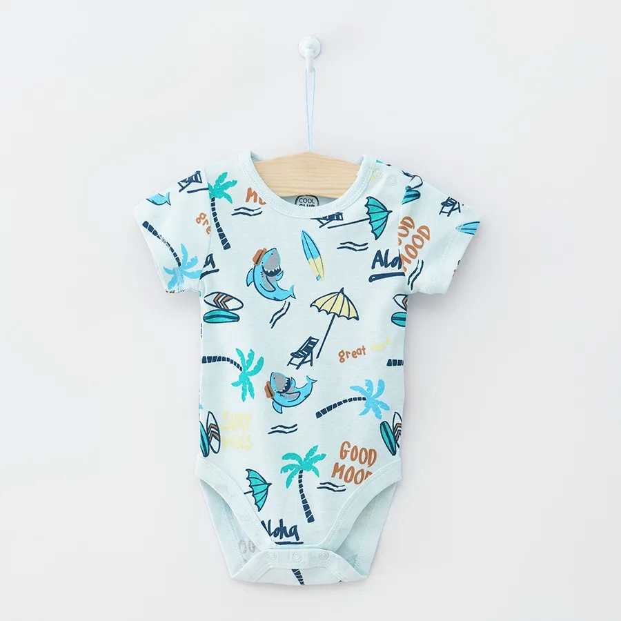 Light blur and white with summer print short sleeve bodysuits 2-pack