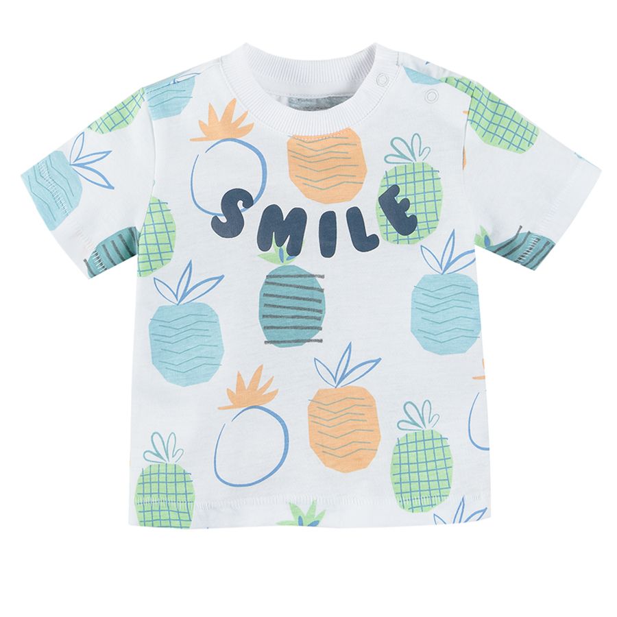 White short sleeve blouse with pineapples and Smile print