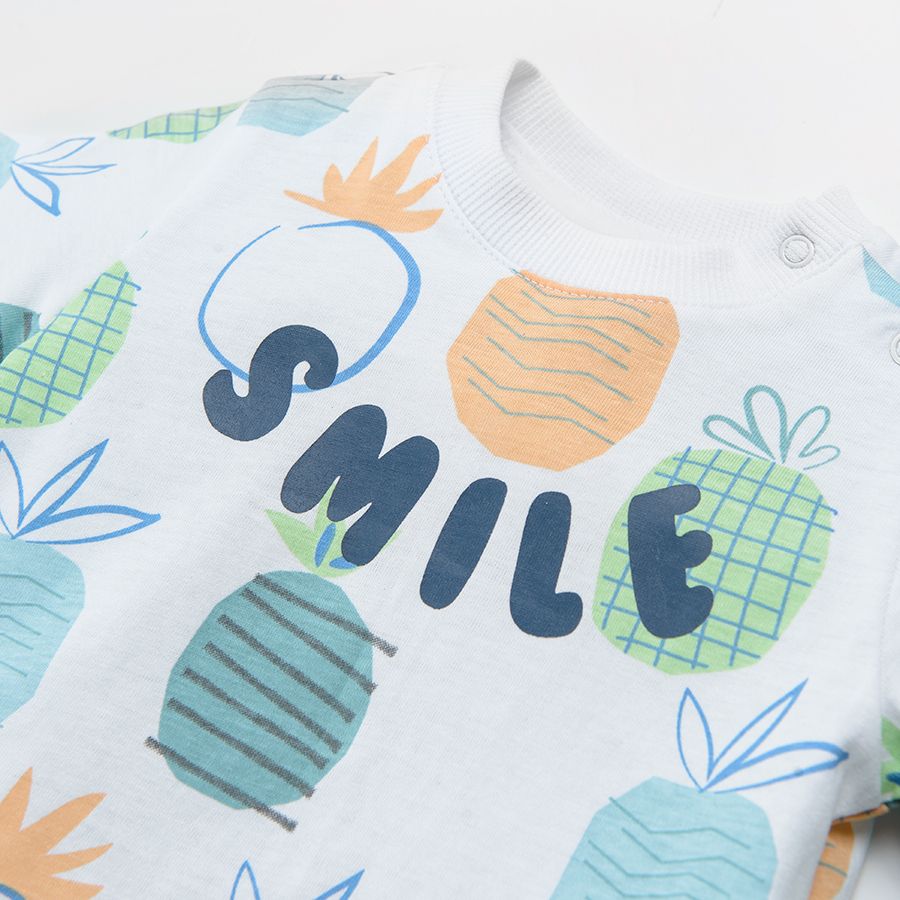 White short sleeve blouse with pineapples and Smile print