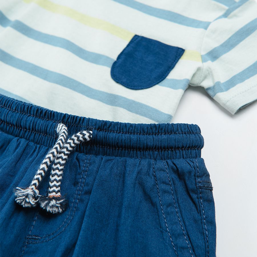 Blue and white striped short sleeve T-shirt with blue shorts clothing set