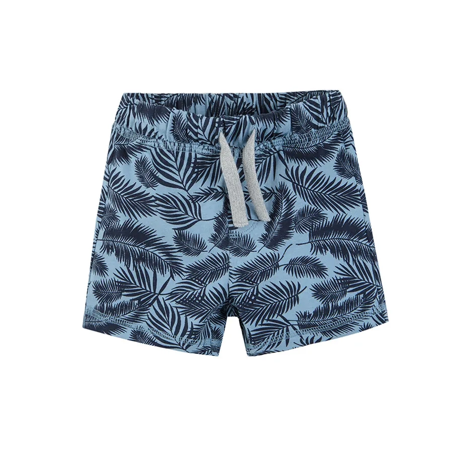 White and blue shorts with tropical leaves and Let’s surf print