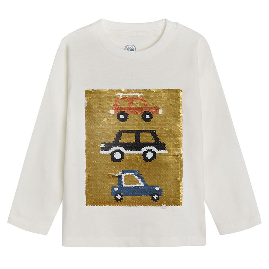 White long sleeve blouse with vehicles print and interactrive sequin