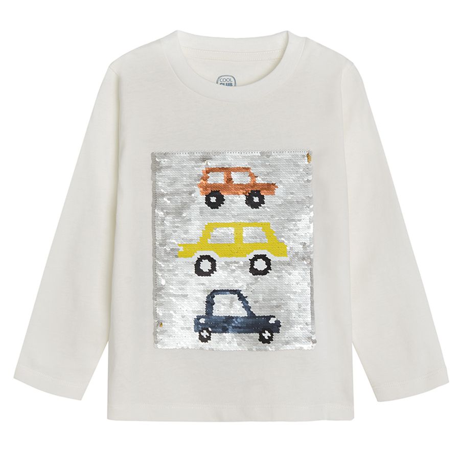 White long sleeve blouse with vehicles print and interactrive sequin