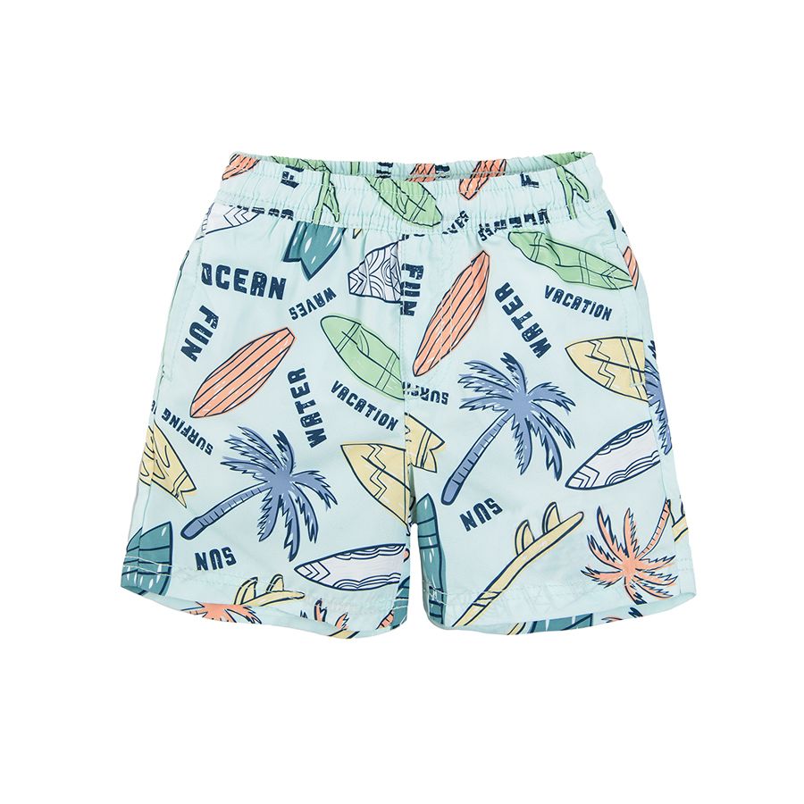 Blue swimming shorts with tropical print and UV+50