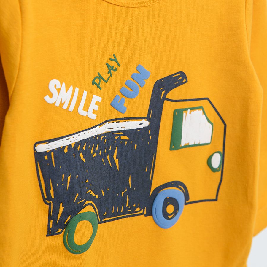 Φορμάκι μακρυμάνκο κίτρινη με στάμπα όχημα "SMILE, PLAY, FUN"