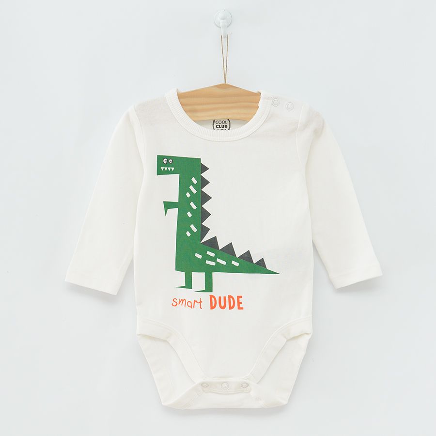 White and grey with dinosaurs print long sleeve bodysuits 2 pack