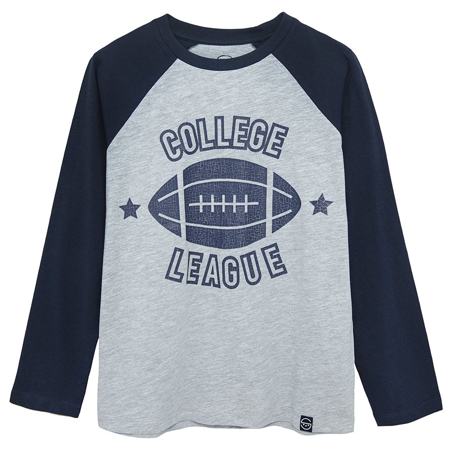 Grey blue long sleeve blouse with COLLEGE LEAGUE print