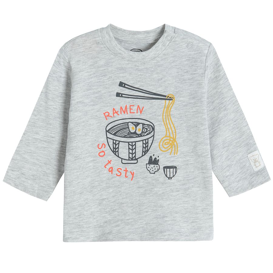 Grey melange long sleeve T-shirt with warm soup print