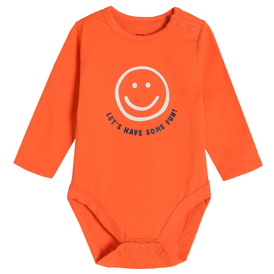 Orange long sleeve bodysuit with happy emoji print