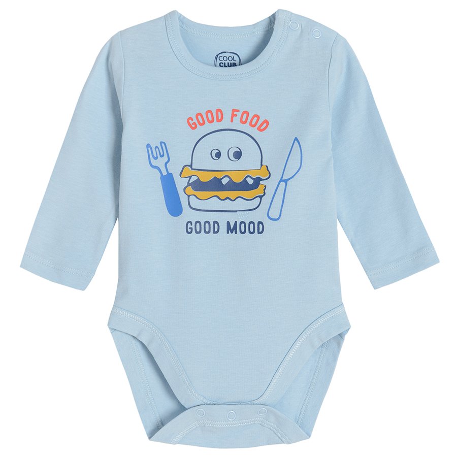 Light blue long sleeve bodysuit with happy burger print