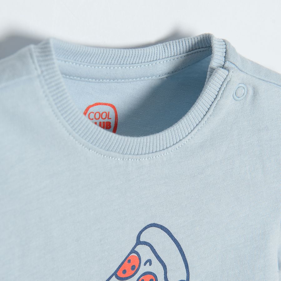 Light blue short sleeve T-shirt with pizza truck print