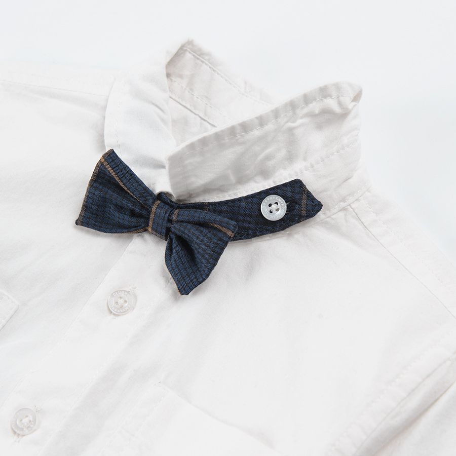 Σετ βάπτισης παντελόνι με τιράντες πουκάμισο παπιγιόν γιλέκο λευκό μπλε καρό
