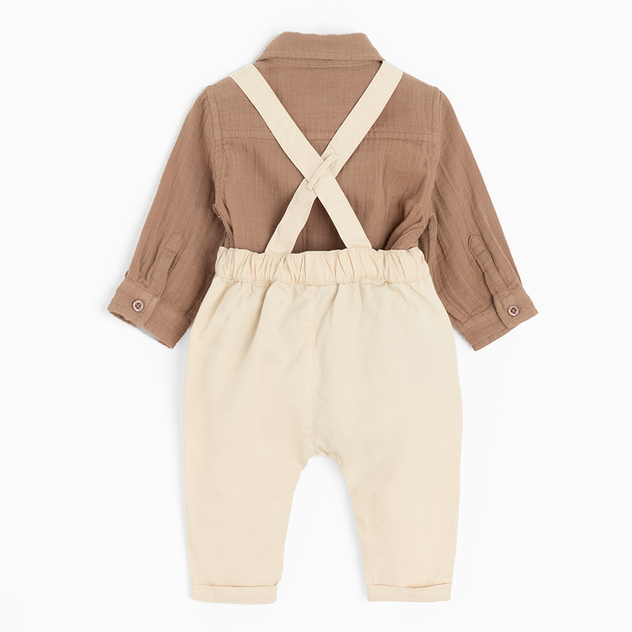 Brown bodysuit with bow tie and ecru pants with suspenders