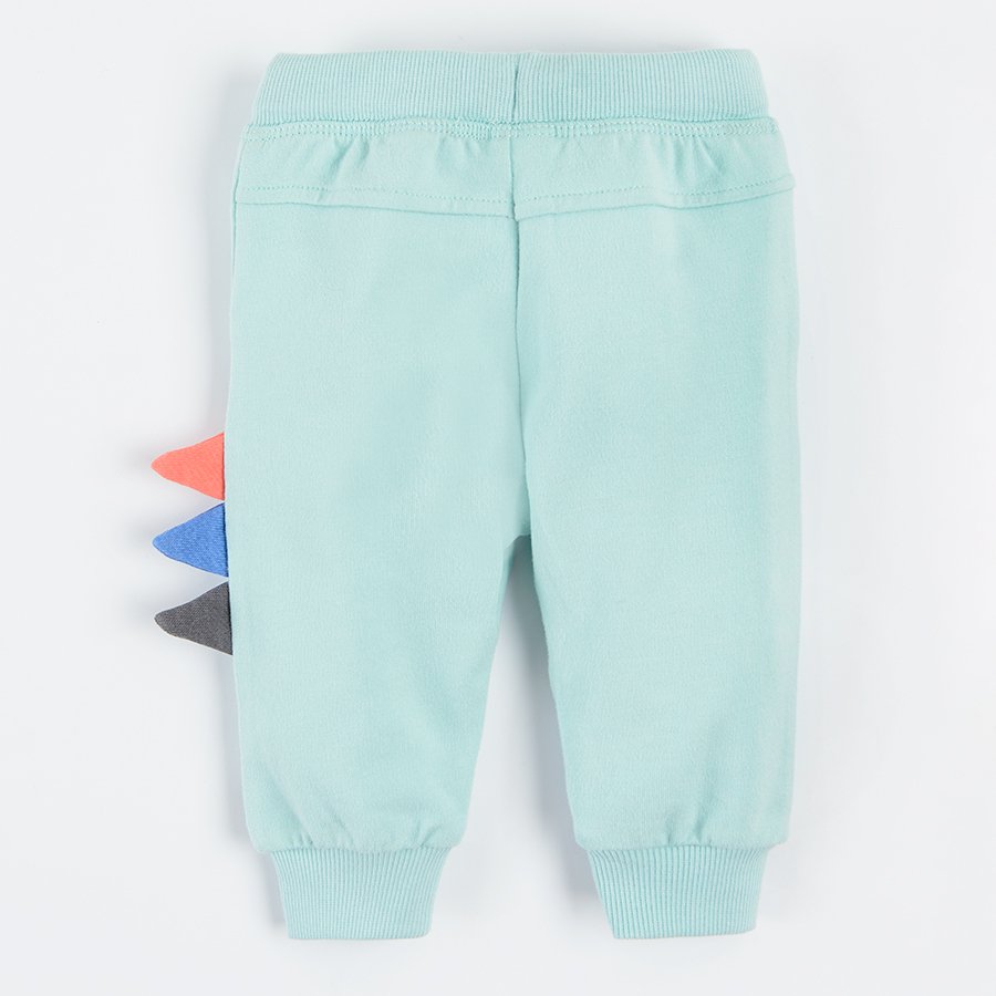 Light mint jogging pants with dinosaur print on the side and adjustable waist