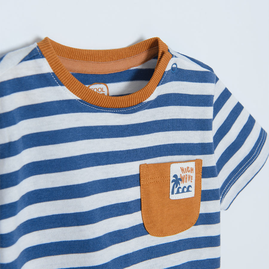 Navy blue stripe short sleeve T-shirt with chest pocket
