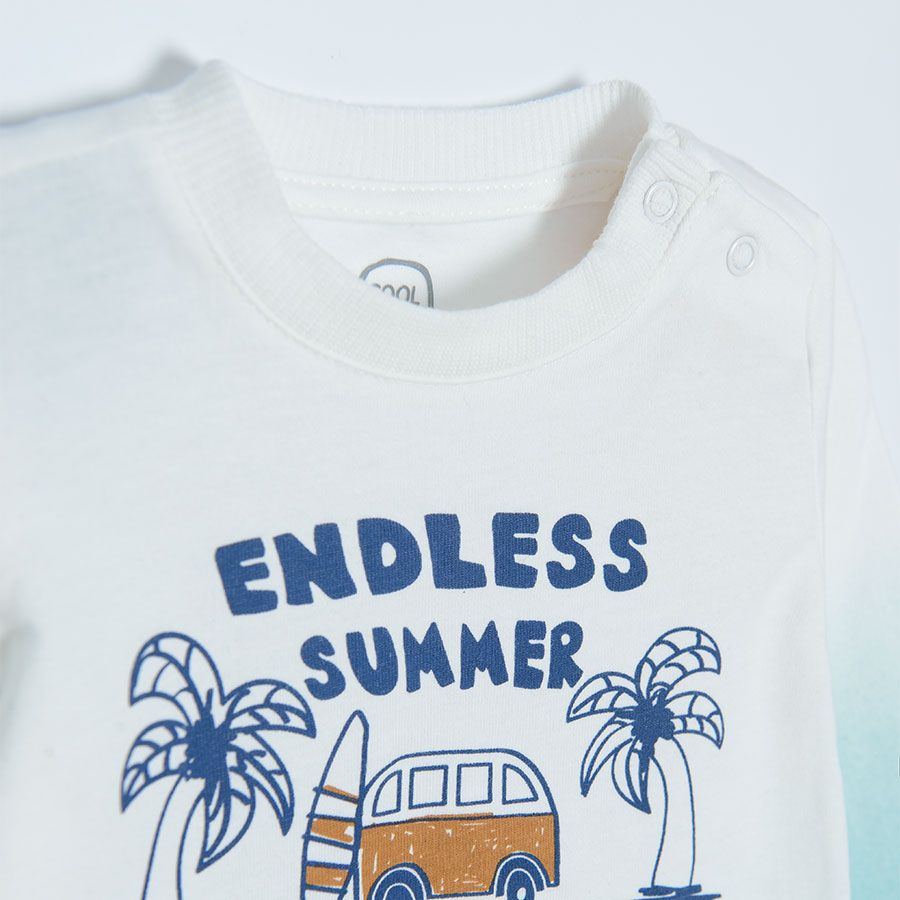 Turquoise long sleeve T-shirt with bus and palm trees and ENDLESS SUMMER print