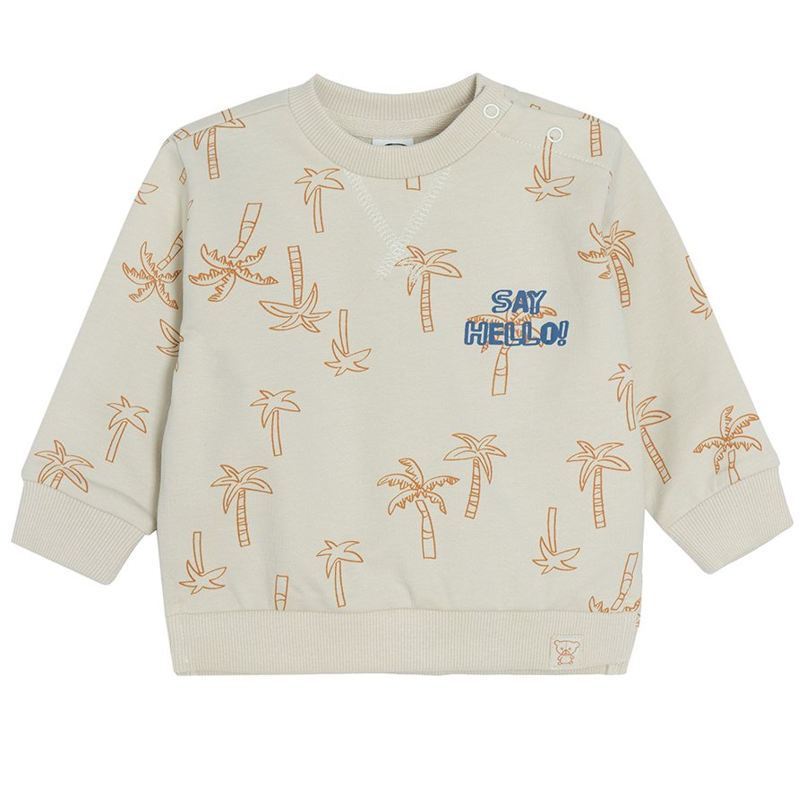 Light beige sweatshirt with palm trees and SAY HELLO print