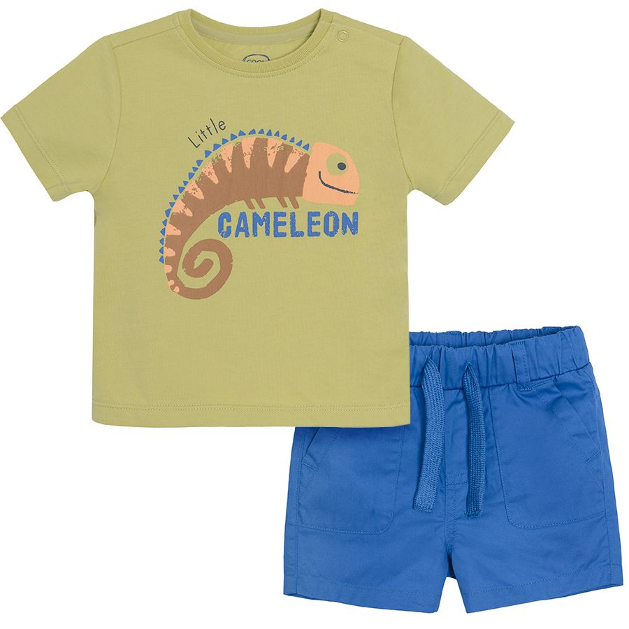 Klaki short sleeve T-shirt with cameleon print and blue shprts with adjustable waist and side pockets
