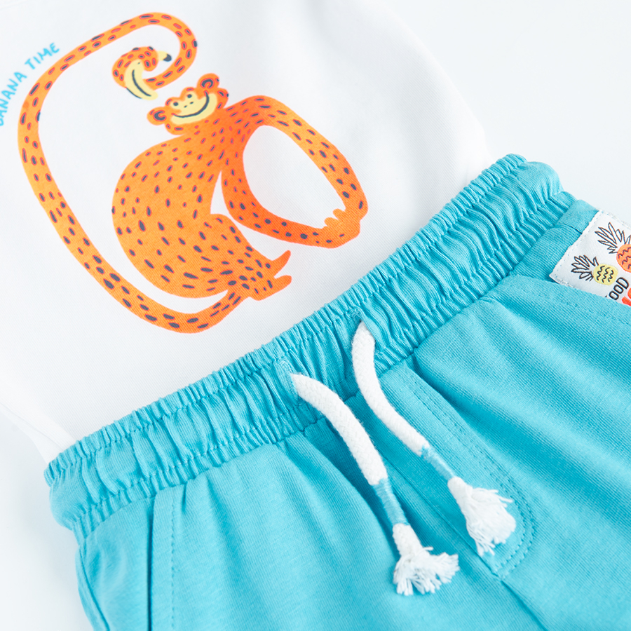 White short sleeve bodysuit with monkey print and ligh blue shorts- 2 pieces