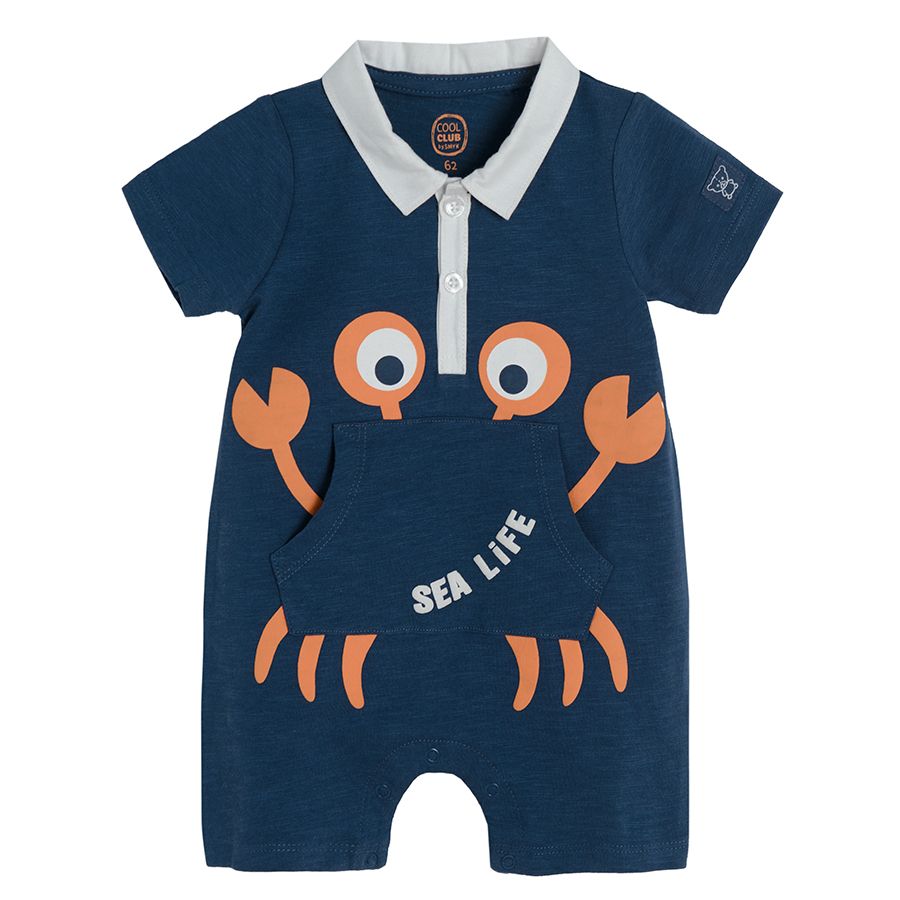 Navy blue romper with cute monster polo colar and pockets