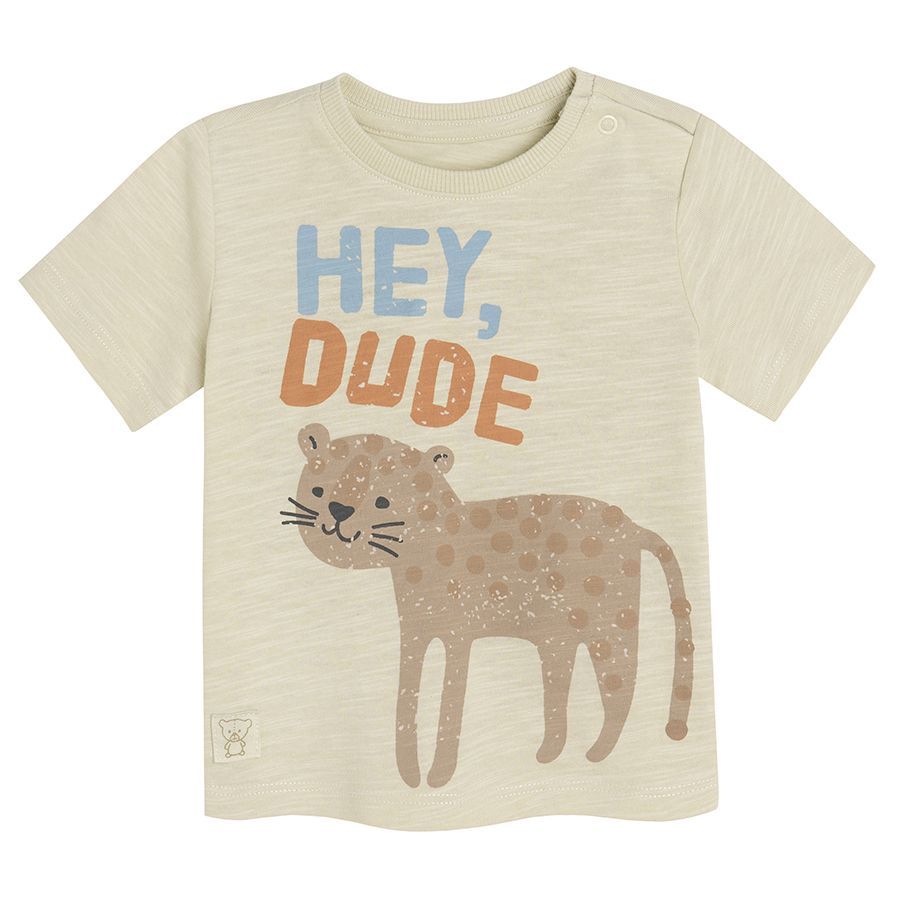 Beige short sleeve T-shirt with kitten and Hey Dude print