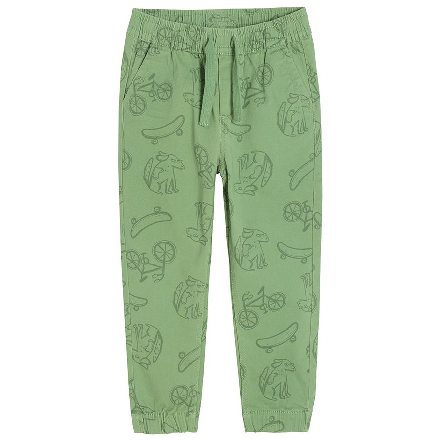 Green trousers with trucks print and adjustable waist