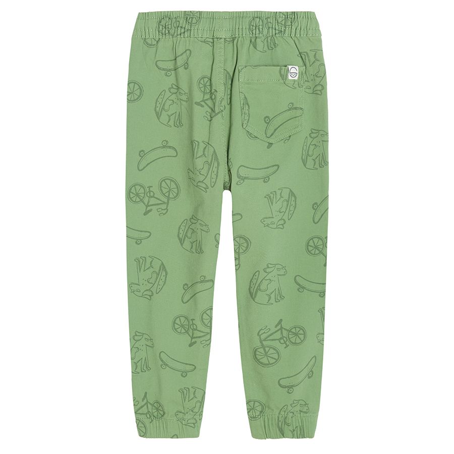 Green trousers with trucks print and adjustable waist