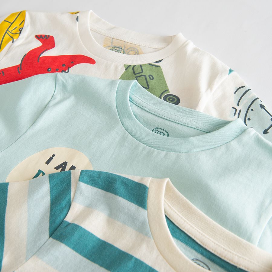 Mint green stripes and white with dinosaurs and cars print short sleeve T-shirt- 3 pack