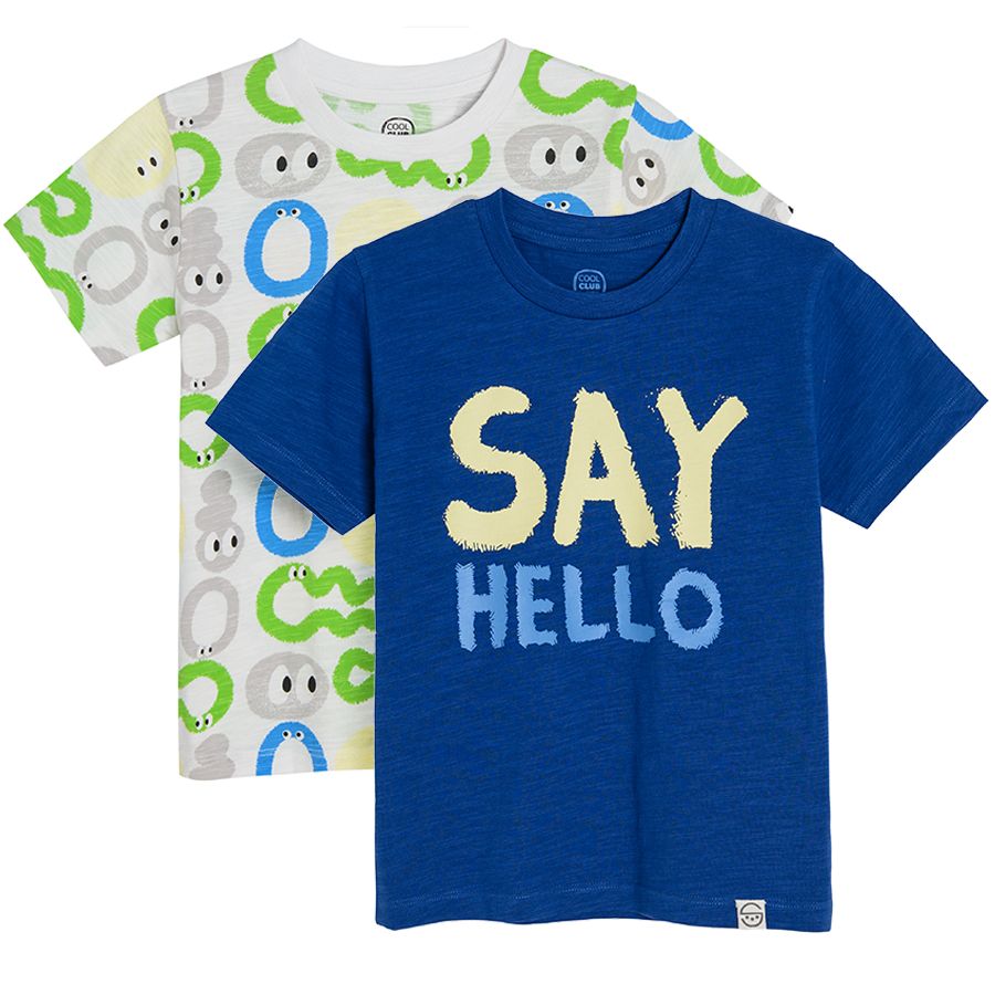 White and blue short sleeve T-shirt with fun print - 2 pack