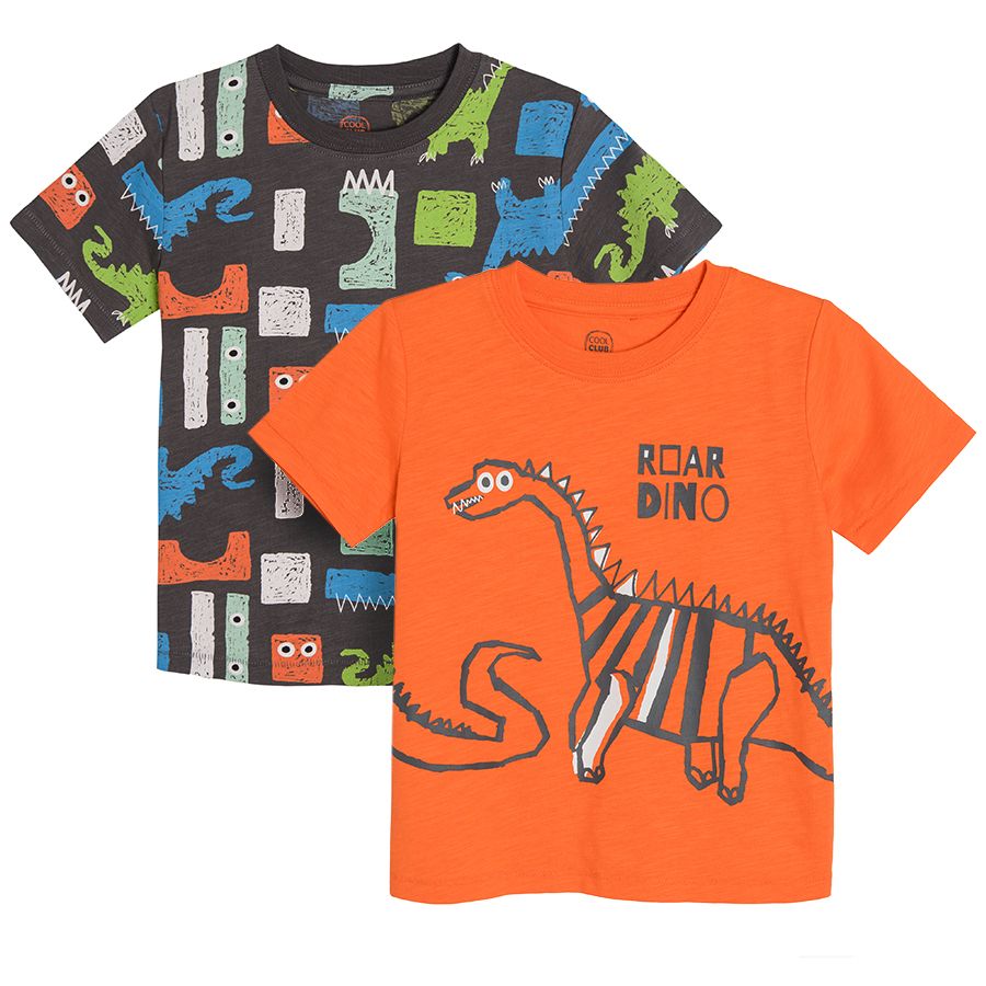Orange and black short sleeve T-shirt with dinosaurs print- 2 pack
