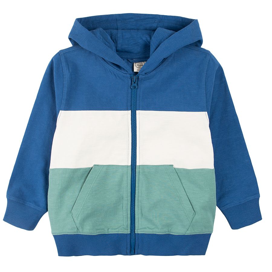 Blue white and turquoise zip through hooded sweatshirt with pockets