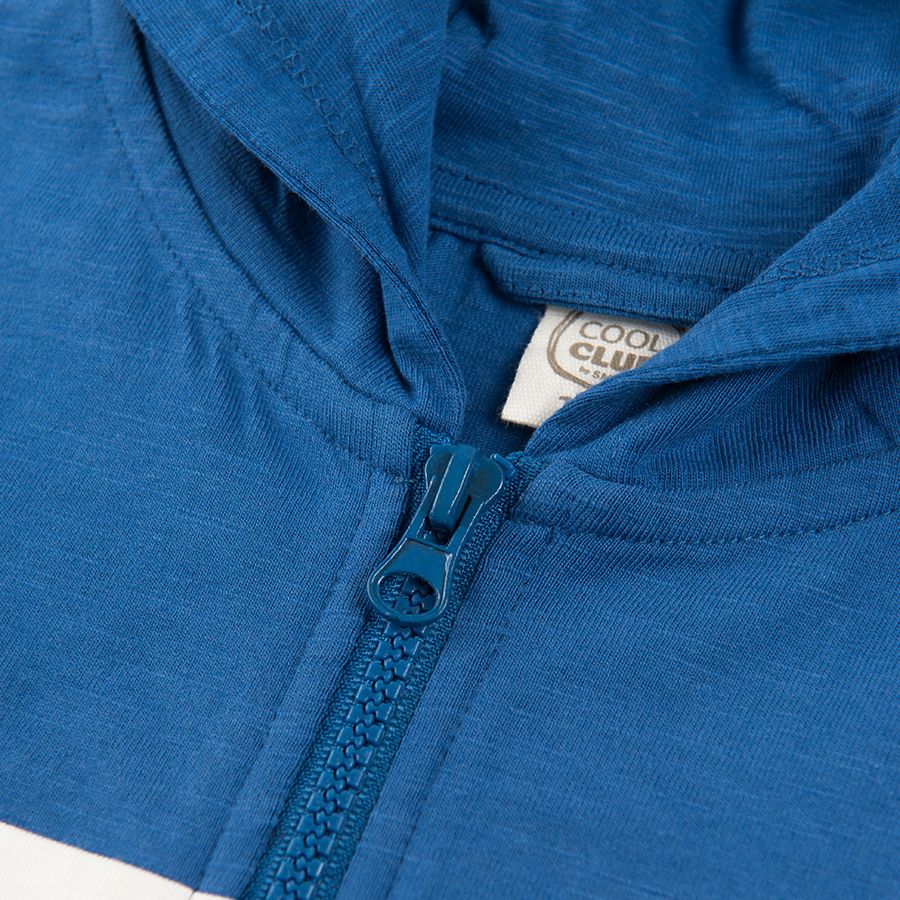 Blue white and turquoise zip through hooded sweatshirt with pockets