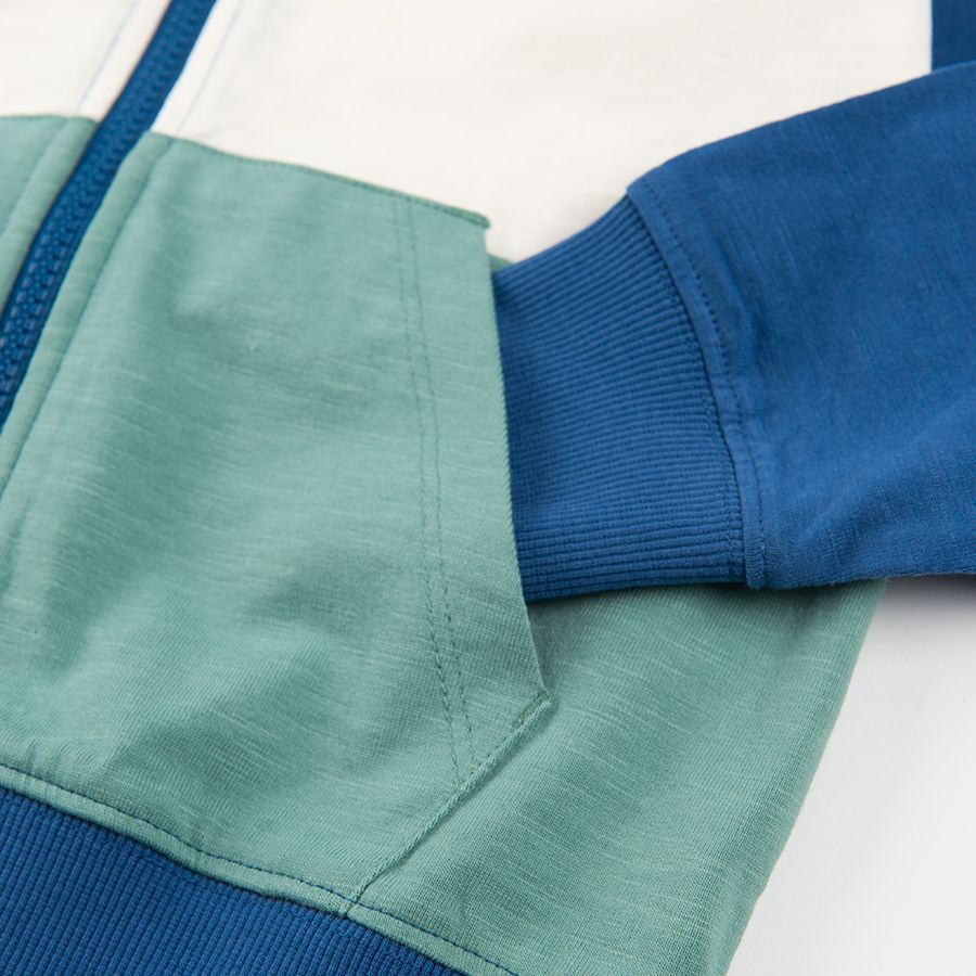 Blue white and turquoise zip through hooded sweatshirt with pockets