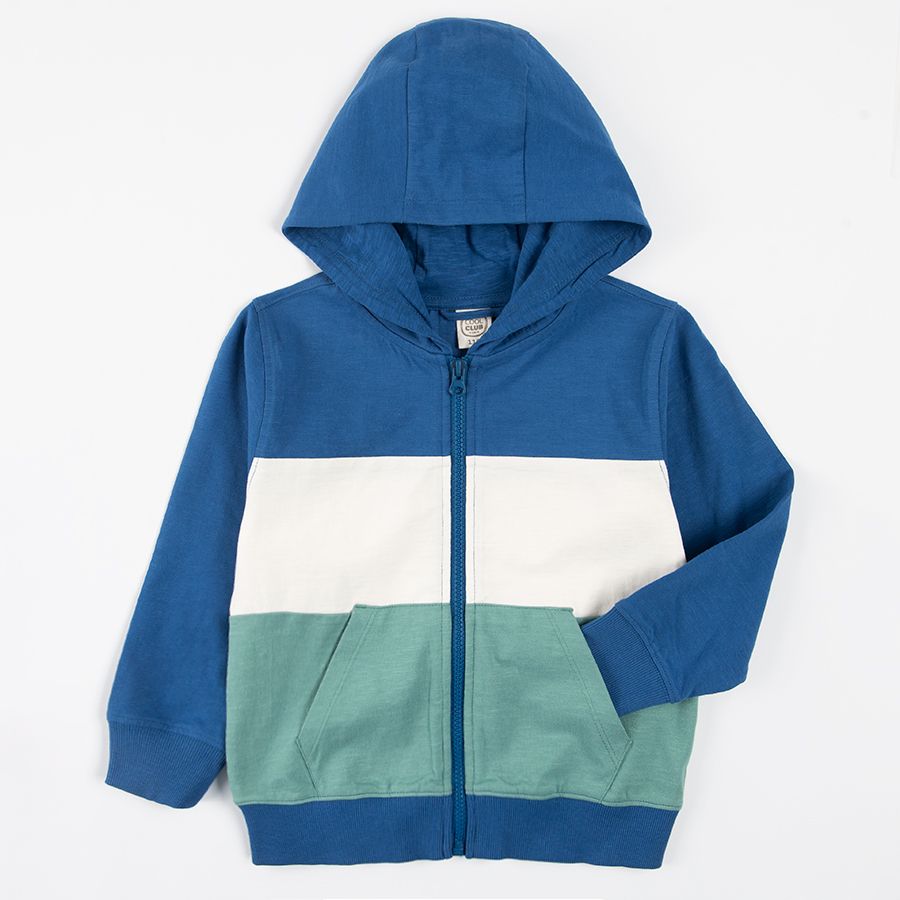 Blue white and turquoise zip through hooded sweatshirt with pockets
