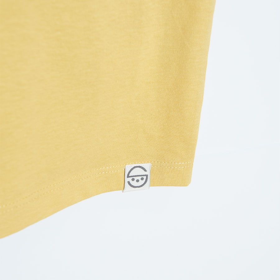 Yellow short sleeve T-shirt with bus and Lets get lost print