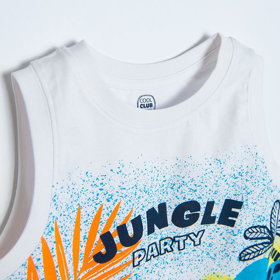 White sleeveless T-shirt with jungle party print