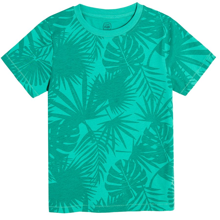 Turquoise with tropical leaves and yellow with lion print short sleeve T-shirts- 2 pack