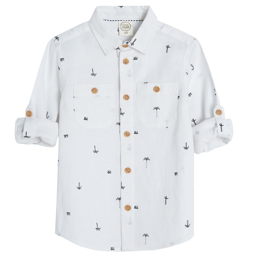 Πουκάμισο μακρυμάνικο λευκό με στάμπα φοίνικες και καφέ κουμπιά