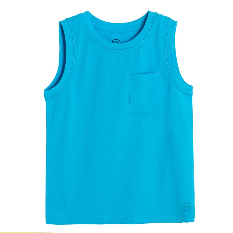 Blue sleeveless T-shirt with chest pocket