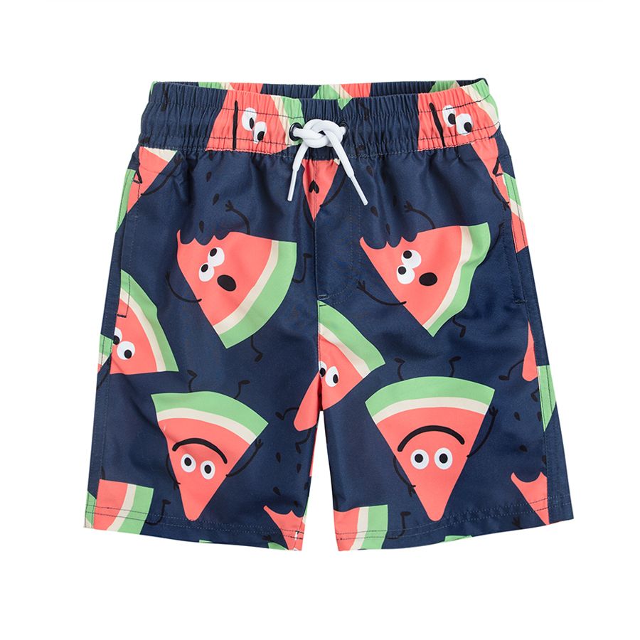 Navy blue swimming shorts with watermelon print