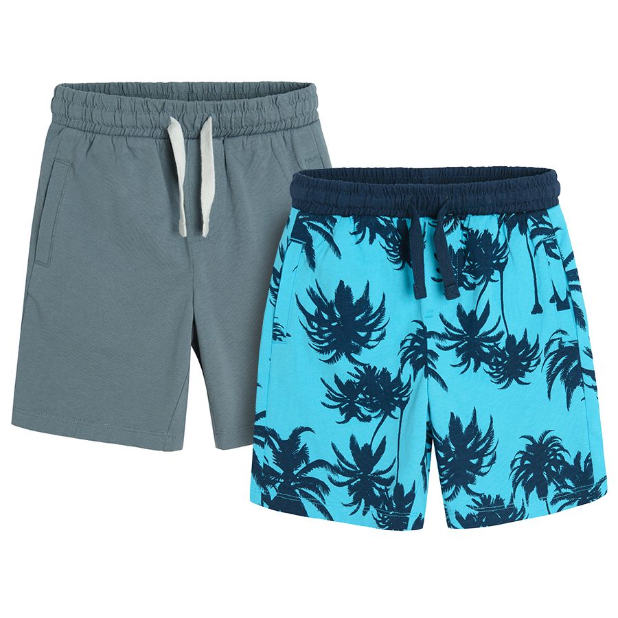 Grey and blue with palm trees print shorts adjustbale waist and pockets- 2 pack